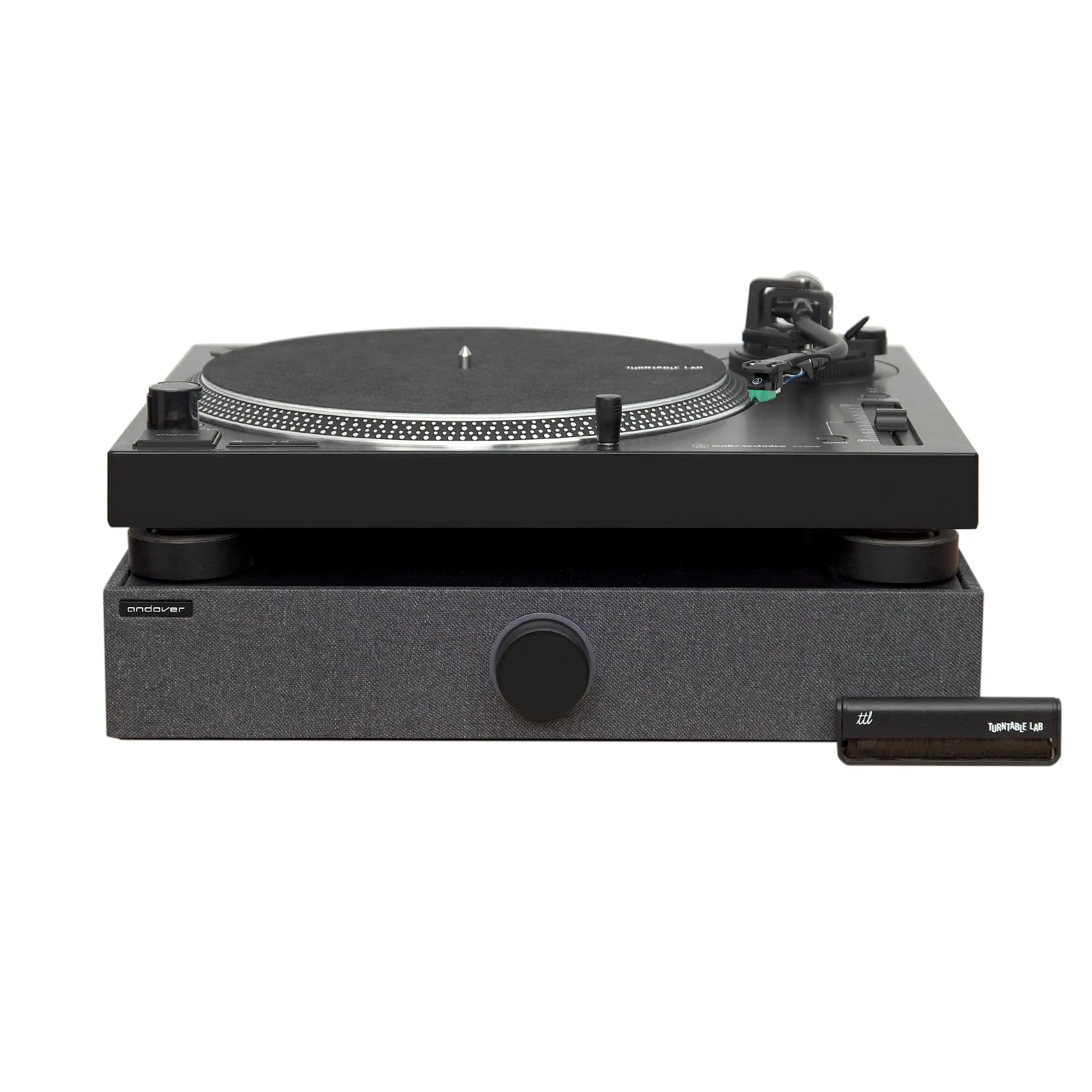 Audio-Technica AT-LP120X Vinyl Turntable & Andover Audio Spinbase 2-Speaker Platform Package - Minimalist Bluetooth Sound System, 18in x 14in x 8.75in, 270-Degree Sound, 70W Peak Power, Remote Control, Stereo