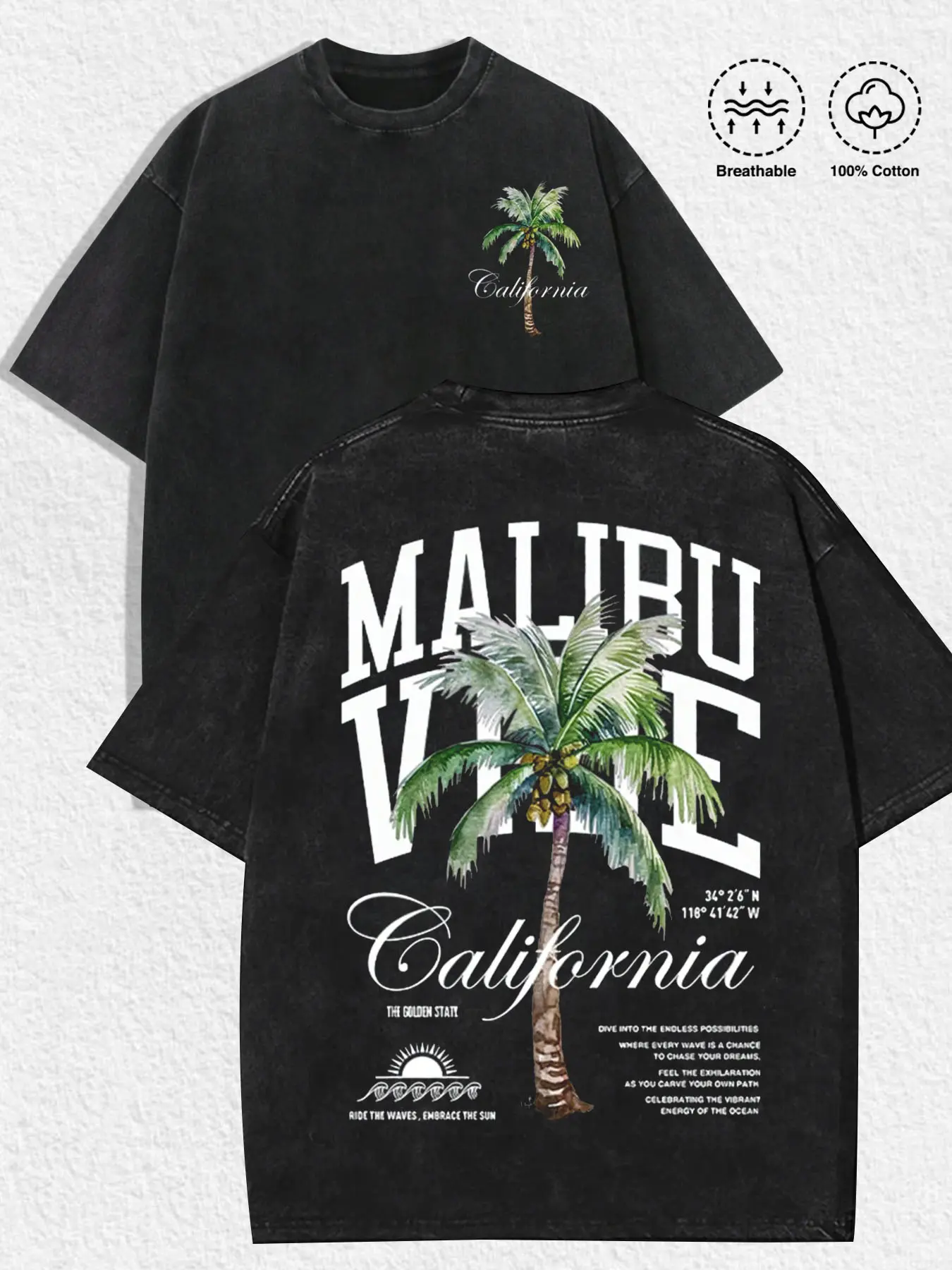 1 PCS GAME.ACE Washed Black Oversized Tee, "Malibu Vibe California" Palm Tree Graphic Print, Retro Beach Streetwear, 100% Cotton Breathable Unisex T-Shirt, Ideal for Daily Wear & Summer Coastal Style Lovers