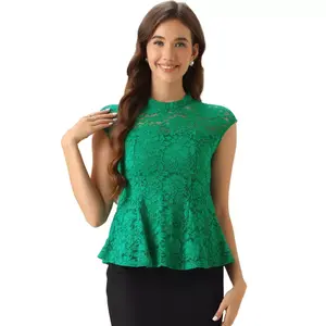 INSPIRE CHIC Women's Mock Neck Cap Sleeve Crochet Lace Peplum Blouse X-Large Green