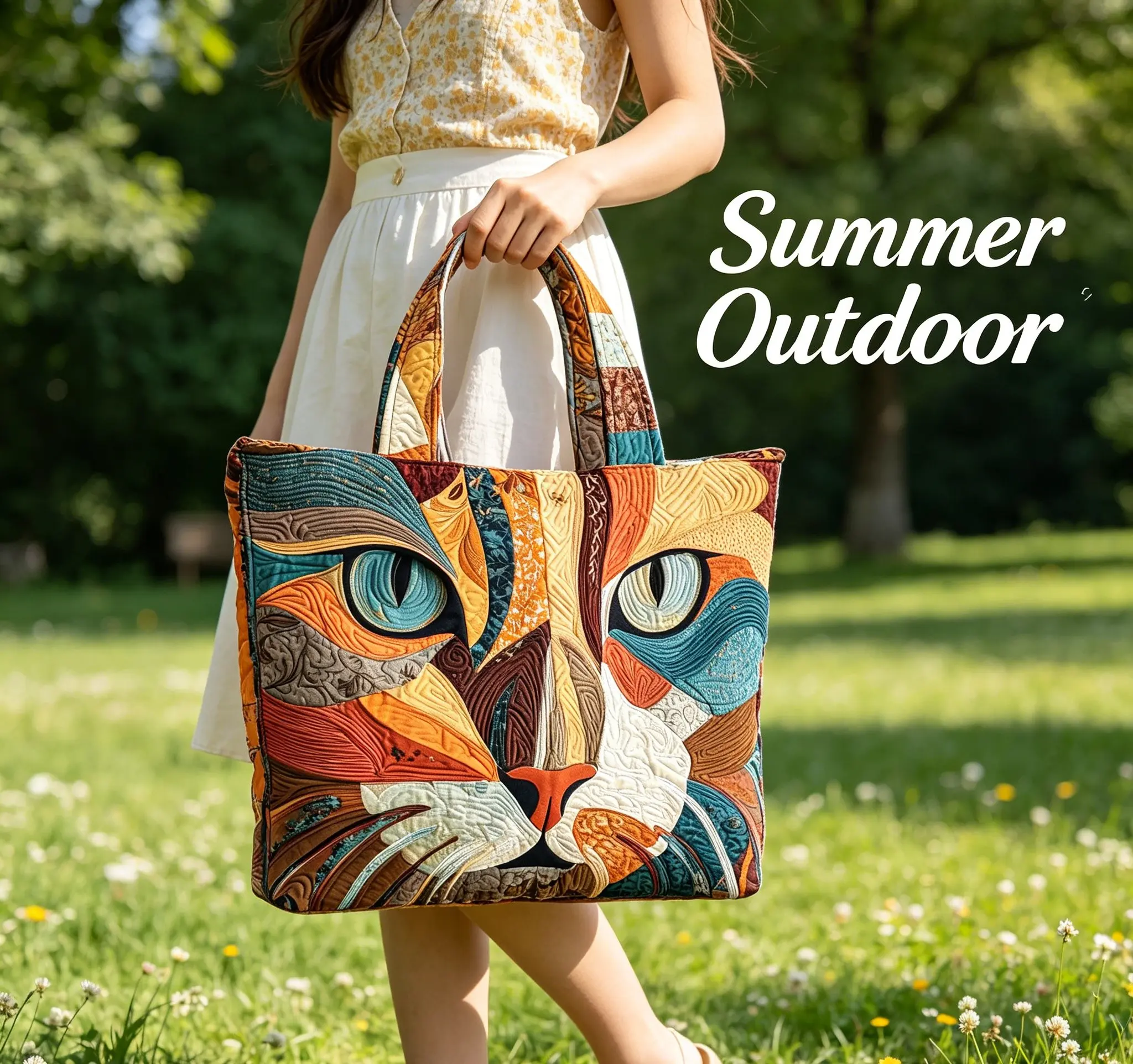 2026 Latest Model Bohemian Cat Art Print Tote Bag, Spacious Canvas Shoulder Bag for Beach & Daily Use Vibrant Abstract Cat Print Canvas Tote Bag, Lightweight Shoulder Bag for Summer Travel