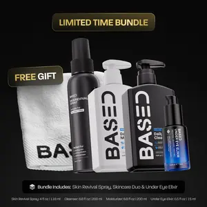 BASED Ultimate Skin Set | Under Eye Elixir, Daily Cleanser, Daily Moisturizer, Skin Revival Spray, White Face Towel | Simple, Effective, Based.