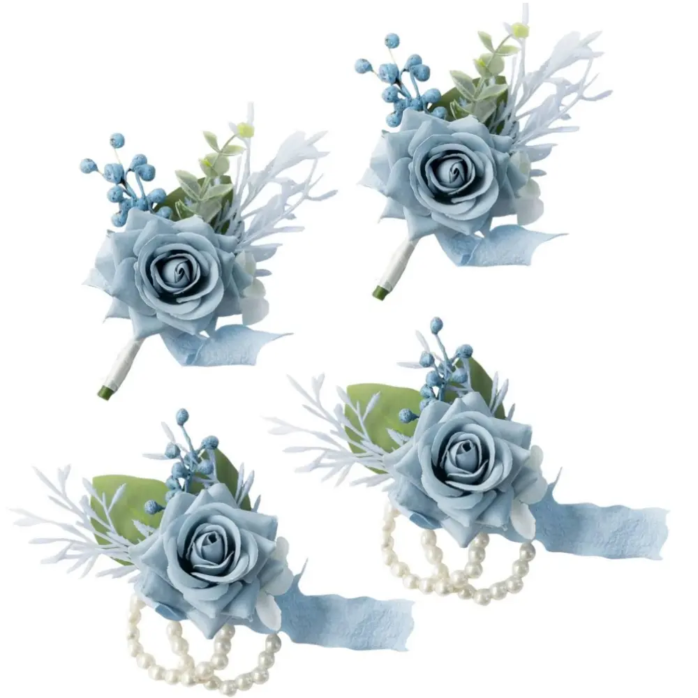 4-Pack Artificial Silk Rose Wrist Corsage Wristlet & Boutonniere Set, Decorative Props for Wedding, Prom (Beauty & Personal Care Hair Styling Accessory)