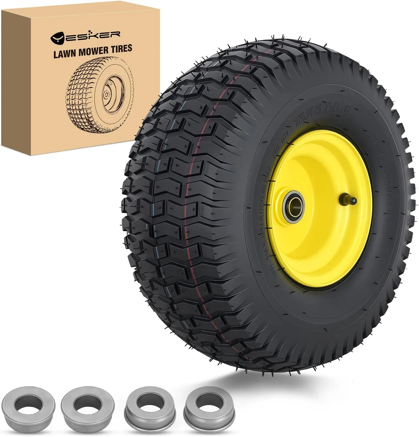 Yesker 15x6.00-6 Pneumatic Lawn Mower Replacement Tire, 15" High-Density Polyurethane Solid Puncture-Proof Wheel with 3/4" Axle Bore, 3" Hub Length, Flat-Free, Consistent Rolling Performance, 1 Pack