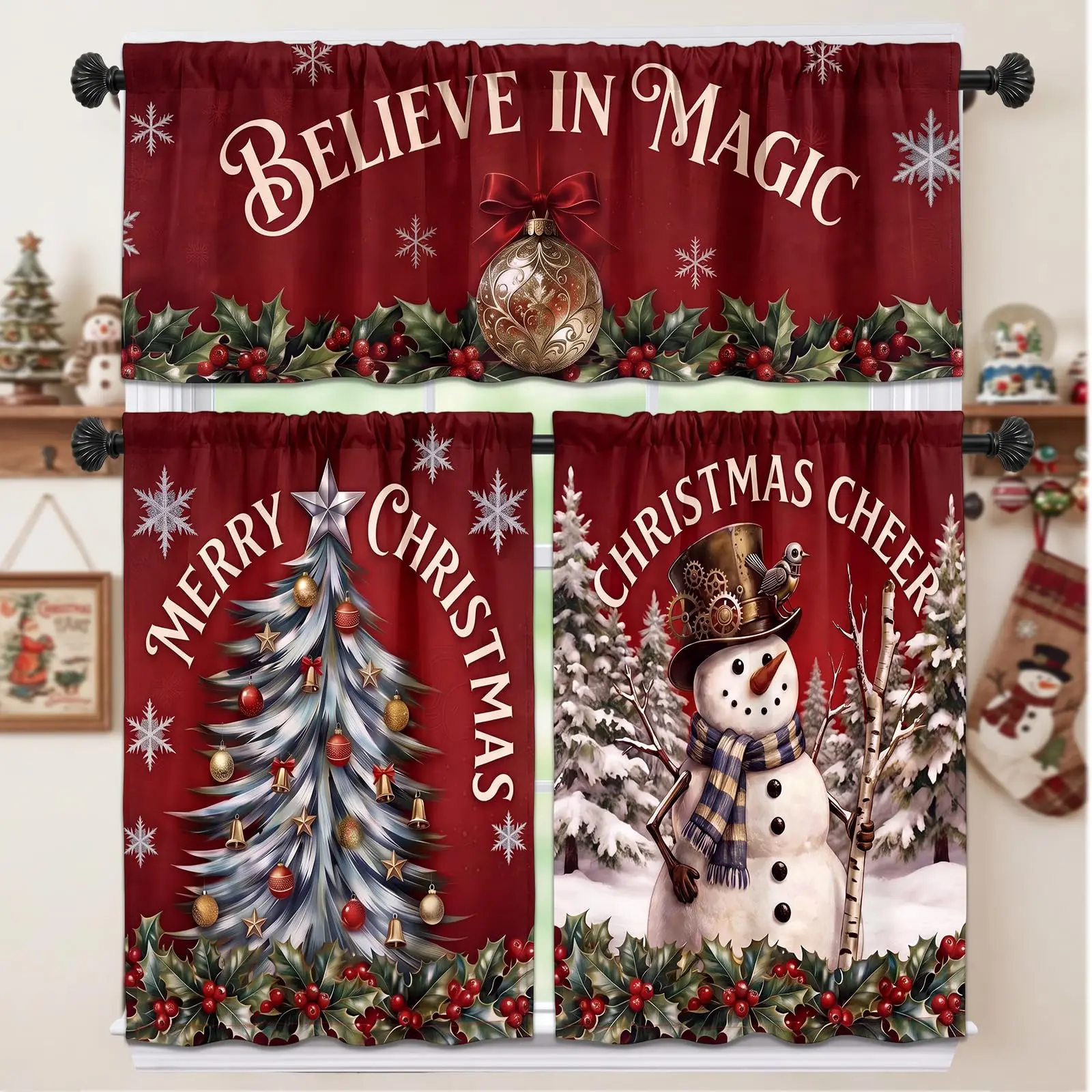 3 Pcs Christmas Kitchen Curtains Set Vintage Retro Christmas Window Valance & Tier Curtain for Kitchen Sink Windows Home Bathroom Farmhouse Holiday Decor Modern Farmhouse Cafe Window Decoration