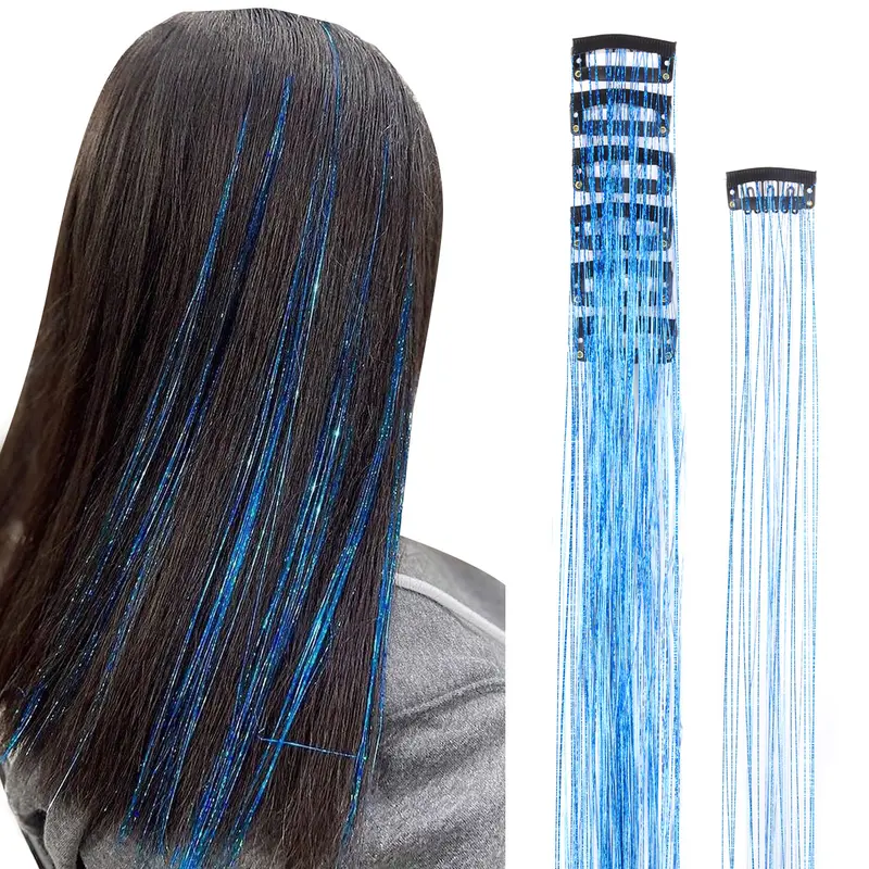 GOO GOO Synthetic Clip-in Hair Tinsel Strands - Women's Glitter Hair Extensions, 8 Vibrant Multicolor Pieces, 24 Inches Adjustable Length, No-Damage Easy-to-Use Long-Lasting, for Parties Events