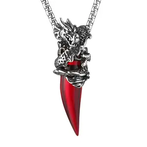 HZMAN Retro Dragon Necklace for Men Women Stainless Steel Gothic Punk Dragon Wrap Crystal Tooth Pendant Biker Party Jewelry Gift