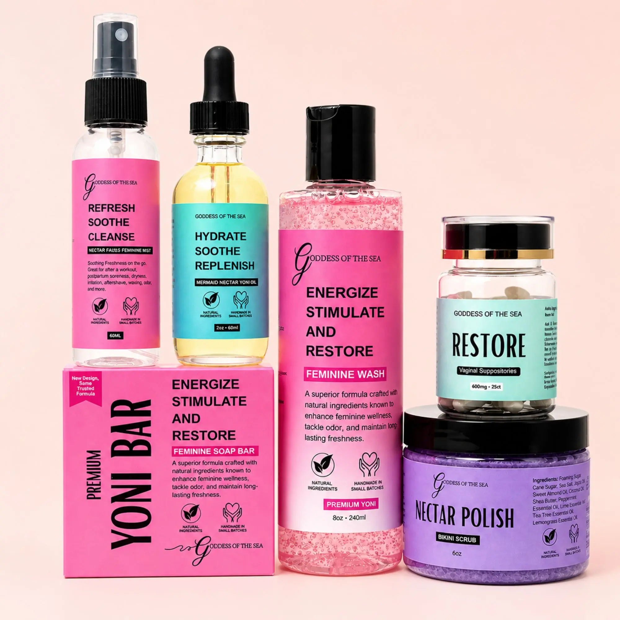 Ultimate Goddess Care Bundle – Feminine Wash, Premium Yoni Bar, Mermaid Yoni Oil, Nectar Falls Feminine Mist, Boric Acid Suppositories & Bikini Scrub