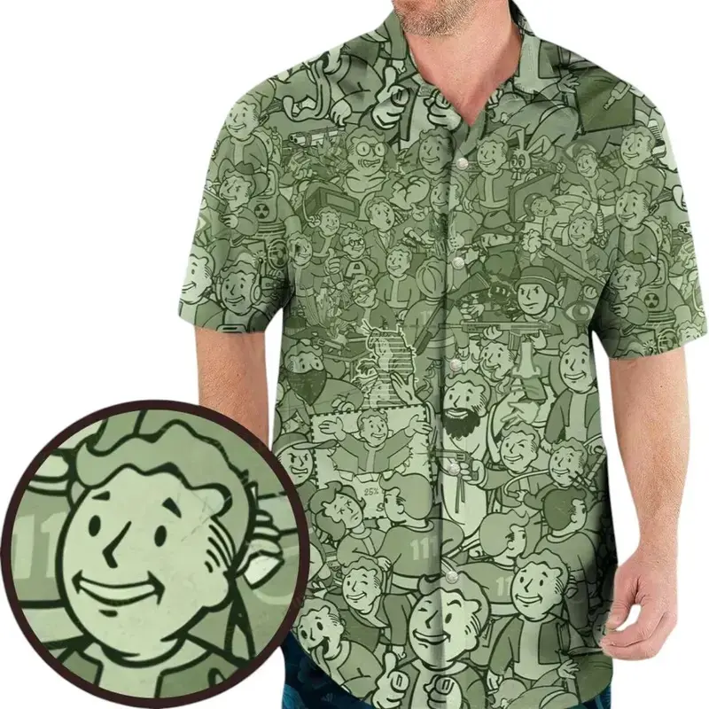 Fallout Vault Boy Hawaiian Shirt, Vault-Tec 111 Summer Short Sleeve Shirt, Tropical Aloha Button Down Shirt, Gift for Him or Her