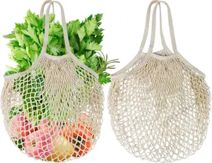 2-Pack Reusable Mesh Grocery Bags 100% Cotton String Eco-Friendly for Fruits Vegetables