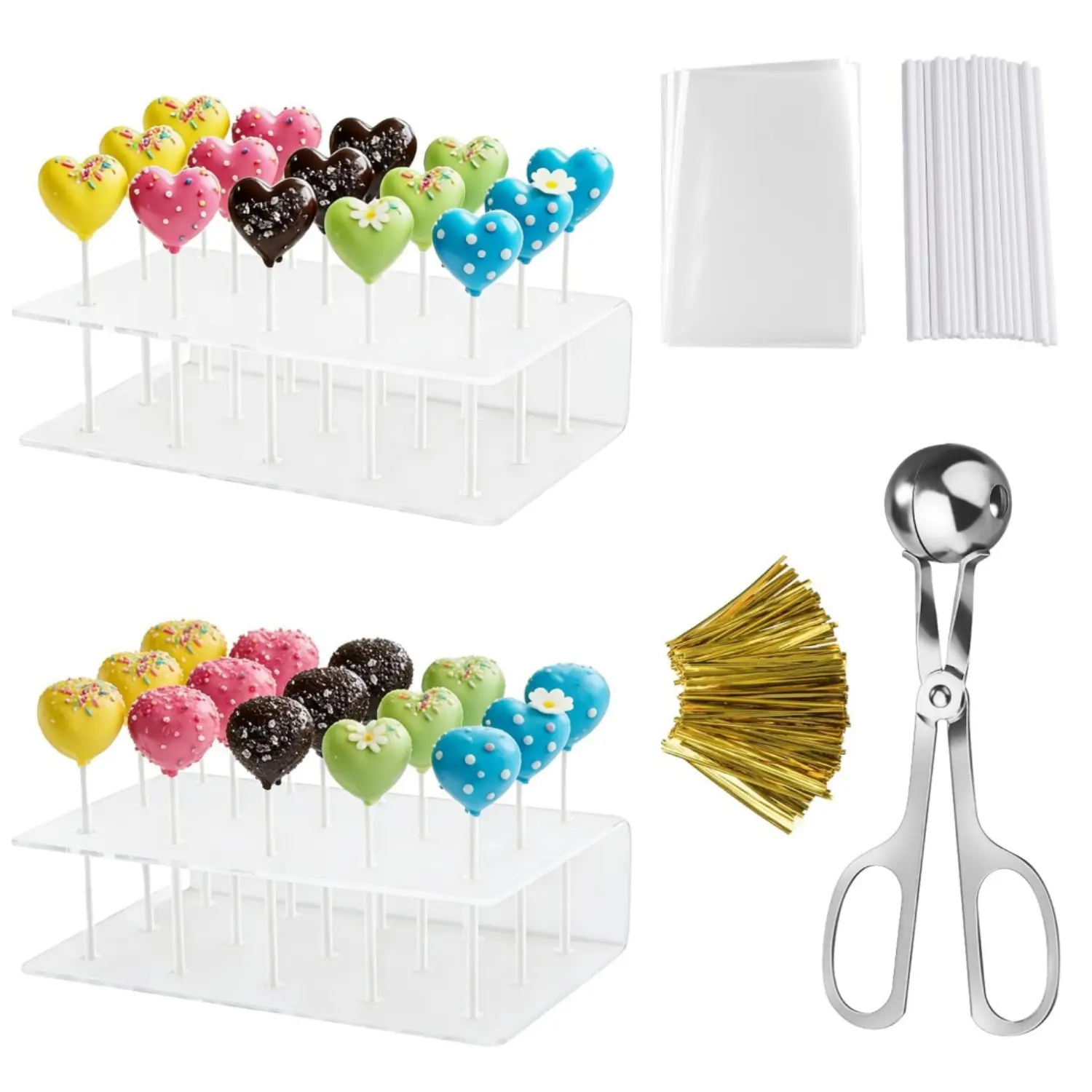 Cake Pop Kit Including 2Pcs 15 hole Clear Acrylic Display Stand, 100 Lollipop Sticks and 100 Clear Wrappers, 100 Gold Twist Ties,1 Metal Baller Scoop - Home Improvement.