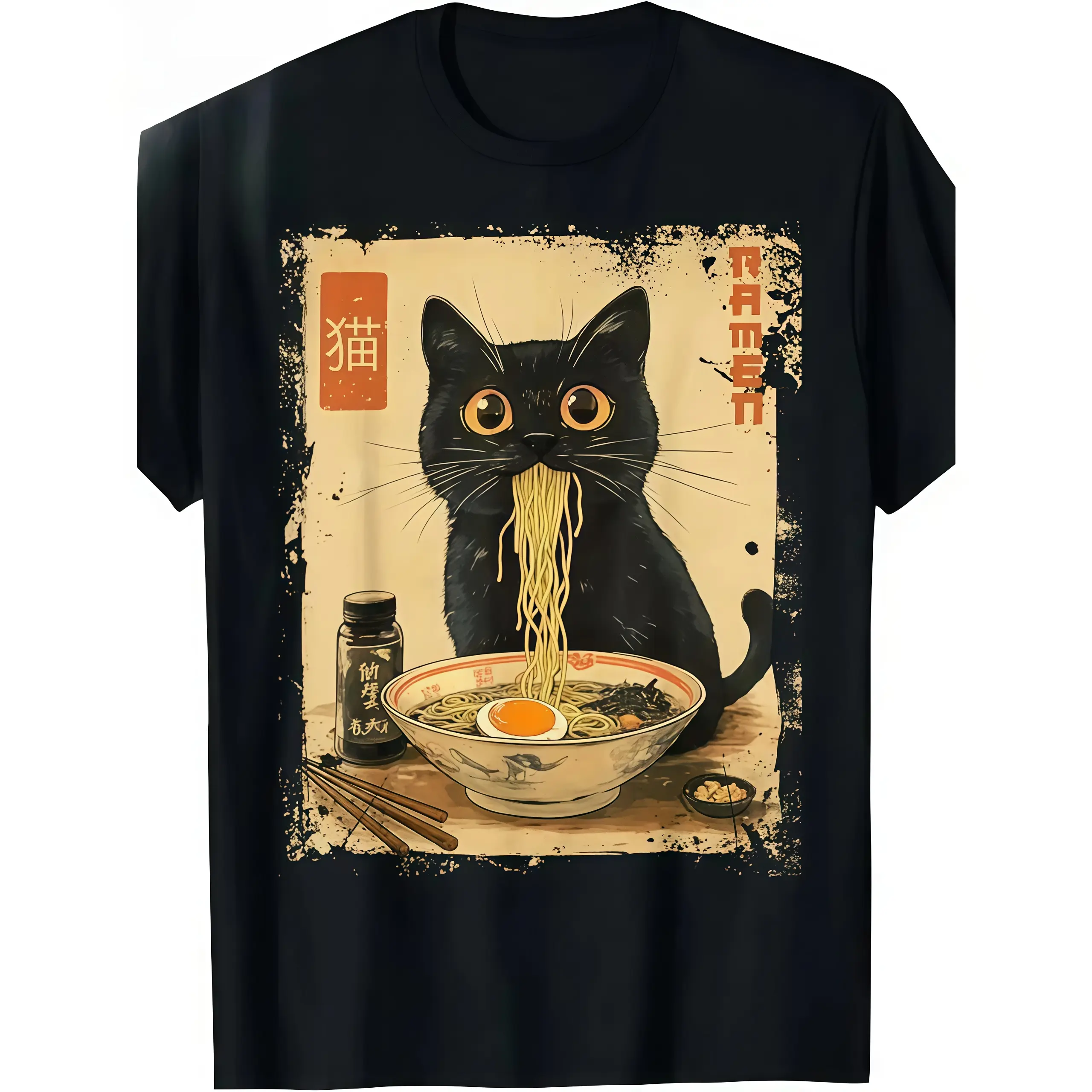 Men's 100% Cotton Graphic Short Sleeve Round Neck Top - Regular Cut, Vintage Kawaii Cat Ramen Print, Lightweight, Double-Needle Hem, Made in USA, Streetwear Clothes, Dad Birthday/Father's Day Gift