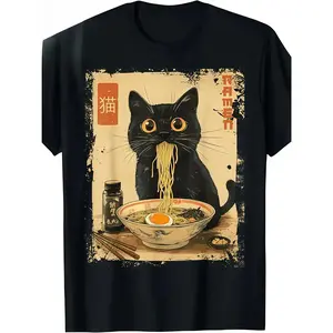 Stylish Vintage Kawaii Cat Ramen Graphic T-Shirt for Men 100 Cotton Crew Neck Short Sleeve Casual Top Heat Transfer Print Regular Fit All Season Wear Made in USA