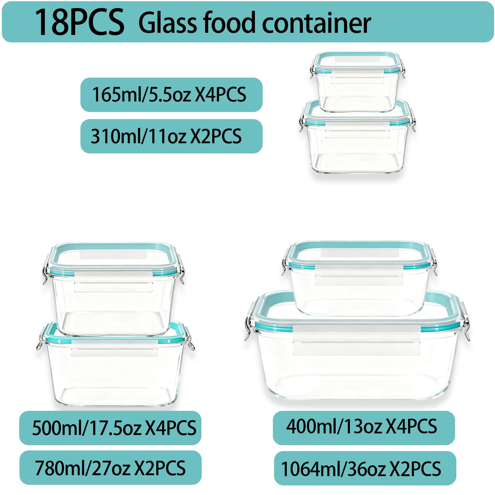 18-Pack Glass Food Storage Containers with Black & Blue Airtight Lids 6 Sizes Square & Rectangle Leakproof BPA-Free for Kitchen Organization Meal Prep