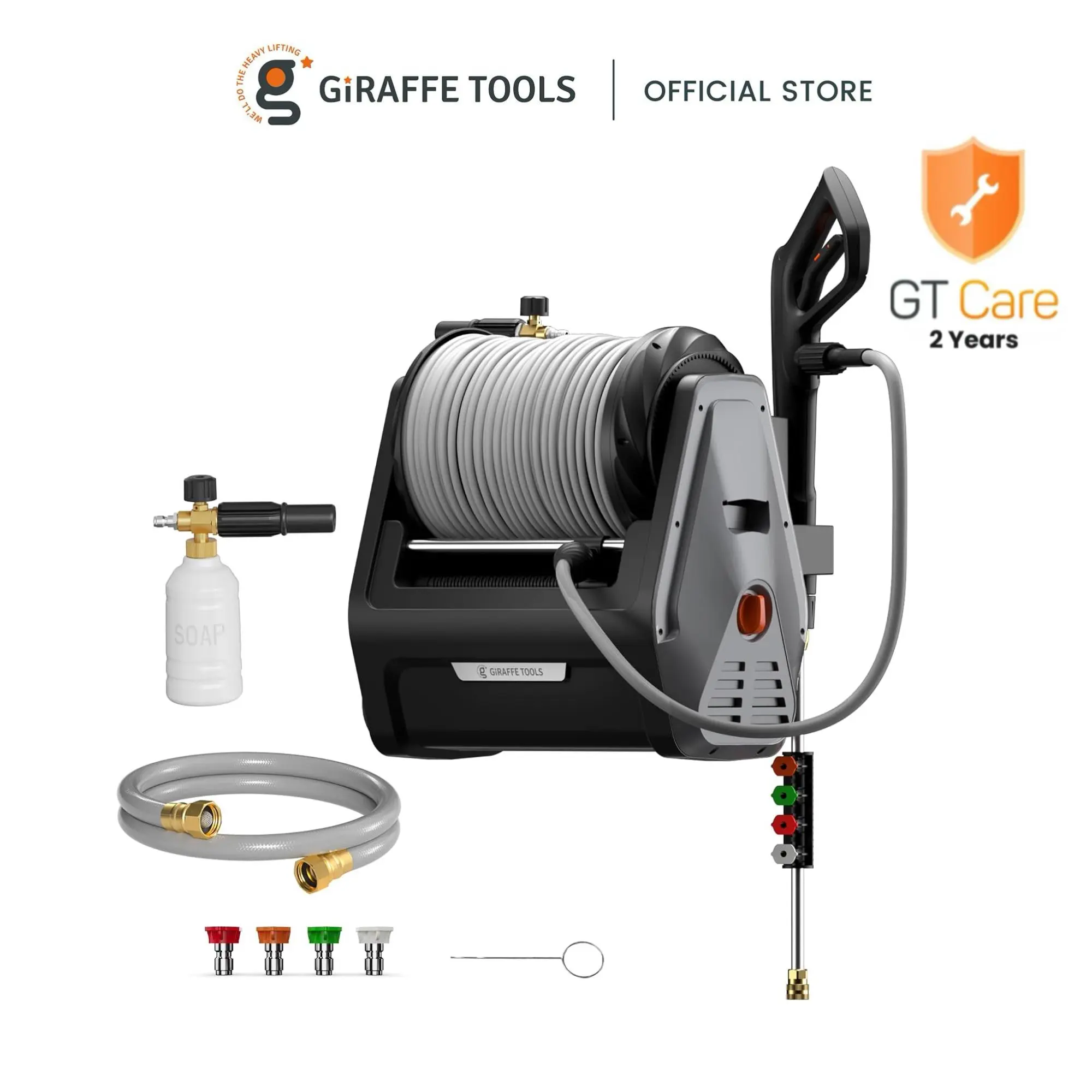 【FallDealsForYou】Giraffe Tools Grandfalls Metal Bracket Wall-mounted Retractable Pressure Washer with Pump, 2900 MAX PSI, 2X Lower Noise, 100ft Replaceable Ultra-Soft Hose, 6ft GFCI Cord, Eco-Friendly Reuse, 5 Nozzles, Ready-To-Use, 2-Year Warranty