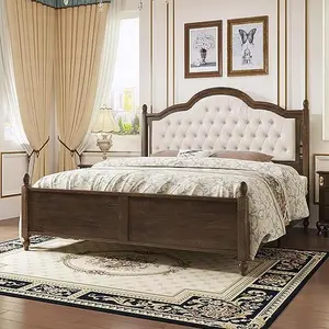 VanAcc Wood Bed Frame with Upholstered Headboard, Solid Wood Platform Bed with Linen Tufted, No Box Spring Needed, Easy Assembly, Walnut