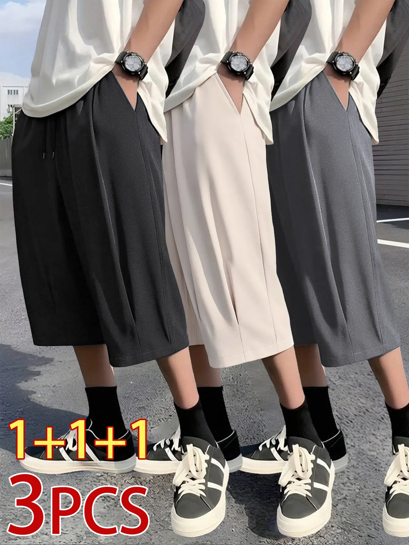 men's cargo shorts  Men’s summer casual shorts, 3-pack, soft breathable fabric, ruched design, black/gray/khaki colors, loose straight cut, over-the-knee length, suitable for everyday wear and work outfits. Trouser Menswear Pants Plain, Sports, Mid Waist,