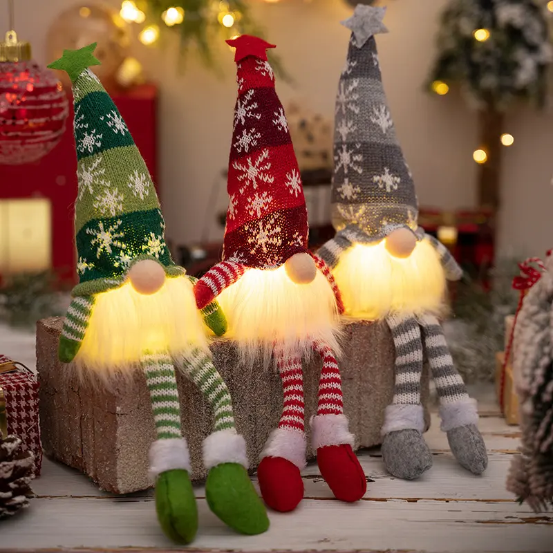 Traditional Christmas Doll Set, Long-Legged Faceless Forest Old Man with Snowflake Knit Hat & 3 LED Rudolphs (Rudolph Glow Trio), Vintage Xmas Home Tree Decor & Party Centerpiece