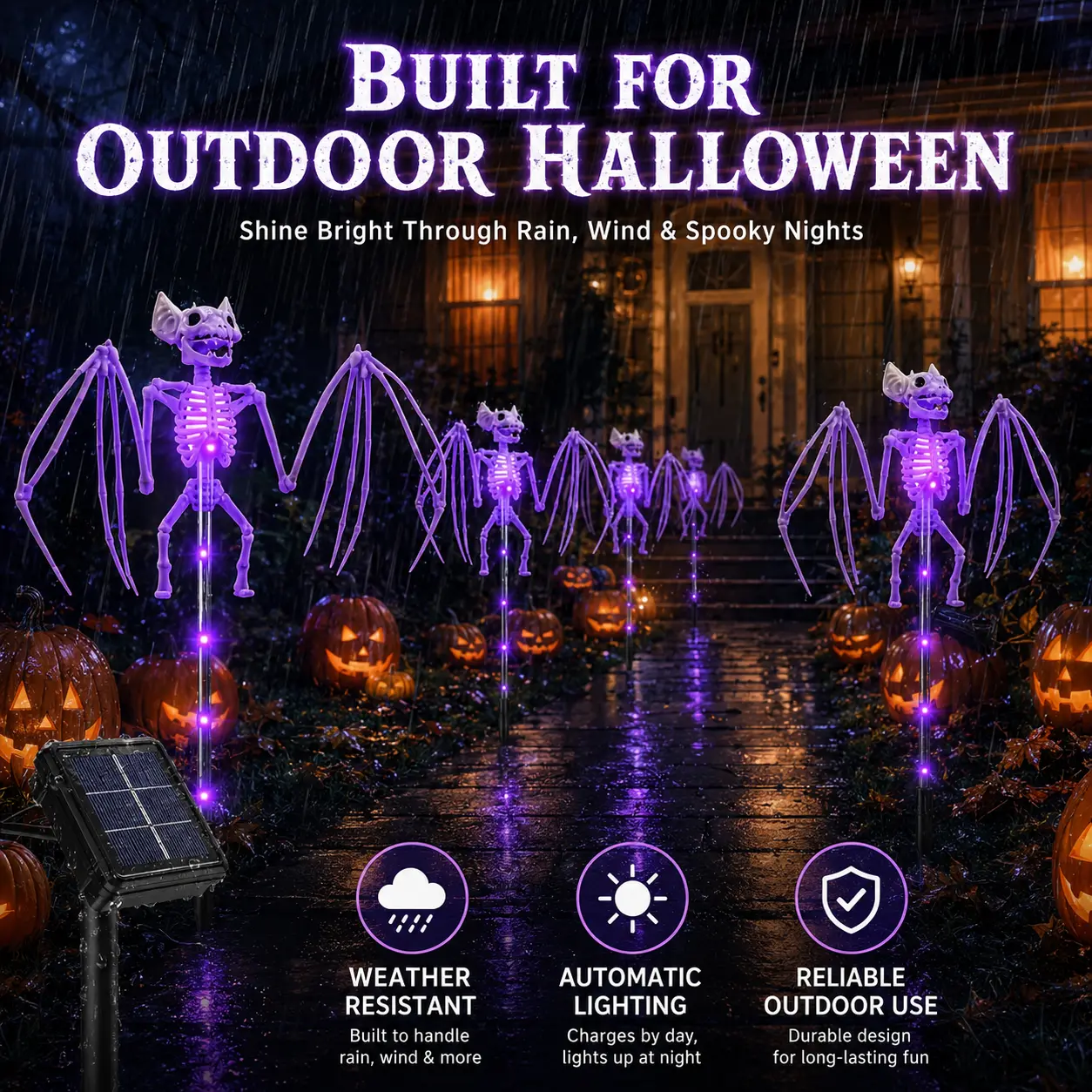 2-Pack Solar Outdoor Halloween Decor Lights - 3D Scary Bat & Skeleton Waterproof LED Fixtures, Purple Spooky Lighting for Garden Pathway Home Improvement Outdoor Decor