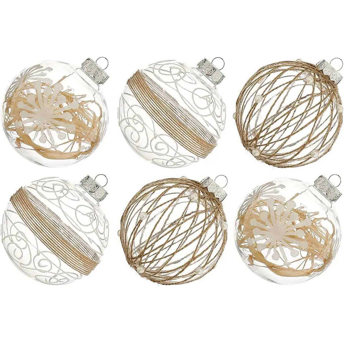 Xmasexp Round Christmas Ball Ornaments Set, Farmhouse Shatterproof Christmas Tree Decorations, 6Ct Large Plastic Hanging Ornaments with String, 100Mm/4In Neutral Festive Home Decor, Room Decor