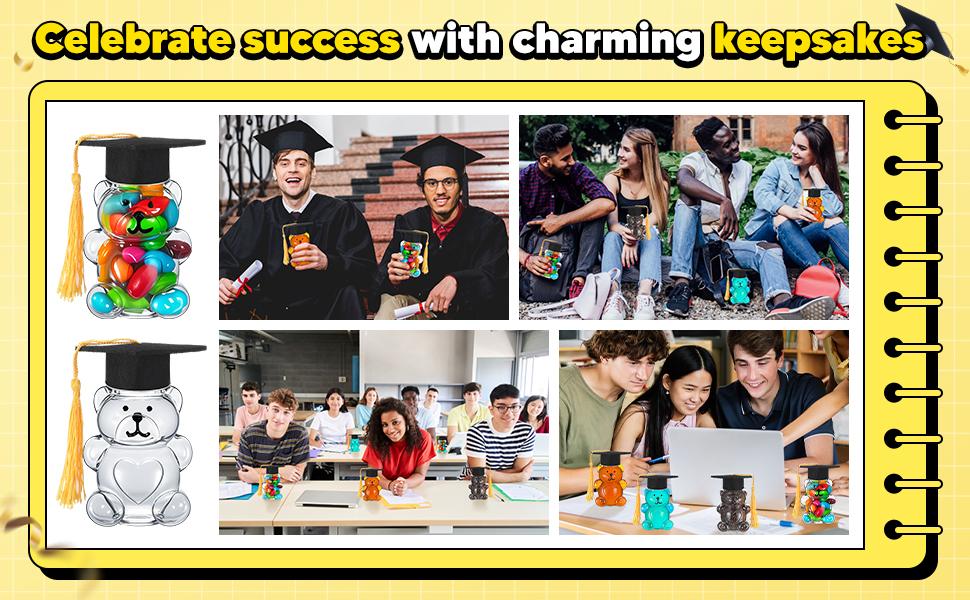 36/48 Pcs Graduation Cap Candy Jars, Graduation Gifts Class of 2026 Plastic Light Bulb Jars with Graduation Cards, Bear Candy Jar with Graduation Cap with Tassel Grad Container Drinking Cups Fillable Drink Graduation Decoration Treat Grad Party Supplies