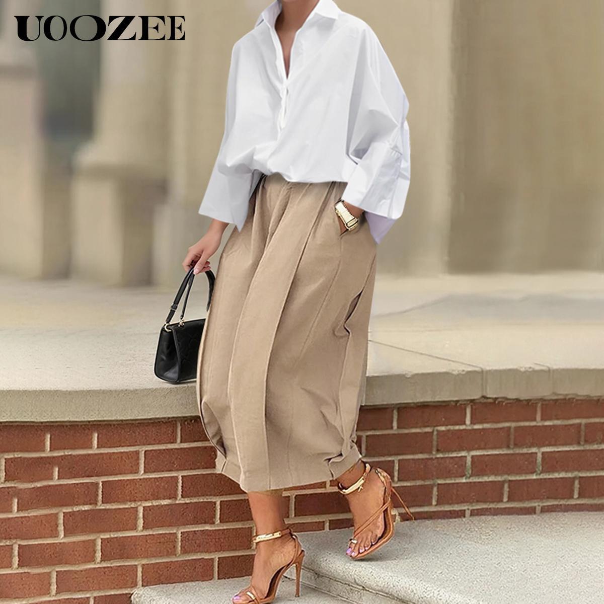 UOOZEE Women's Loose Oversized Collared Lapel Blouse - Polyester Fabric, Basic Style, Comfortable Longsleeve Lady Top for Commuting, Office, Fall Occasions,summervibes