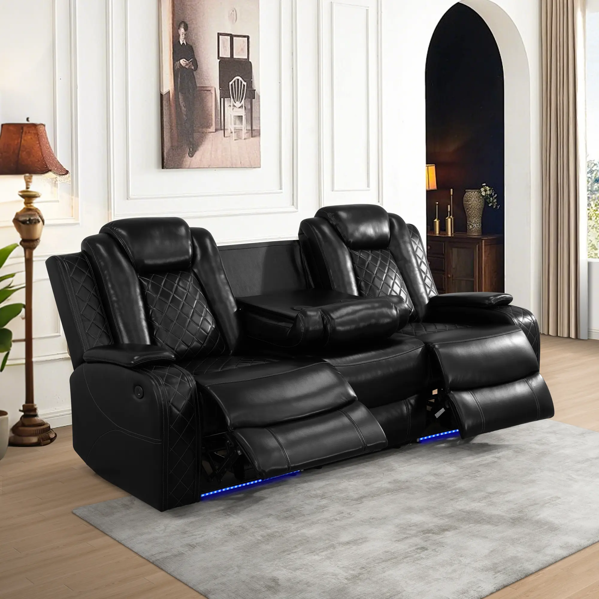Black Leather L-Shape Sectional Recliner Sofa - Summervibes Breathable, Modern Elegant Sleek Clean Look Minimal Chic Comfy Couch, LED Lighting, Diamond Stitching, Indoor Living Room Furniture for Hosting Guests, Lounging, Entertainment