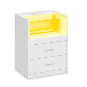 SIKAIC White LED Nightstand - Modern Indoor Furniture with 2 Storage Drawers, LED End Table for Bedroom