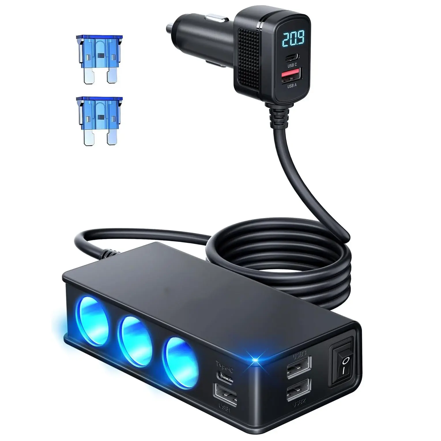 9 in 1 Cigarette Lighter Splitter 185W 3-Socket Car Cigarette Lighter PD30W and 4 USB-A QC3.0 18W with LED Display 12V/24V Cigarette Lighter Adapter for Dash Cam, GPS, iPad/Laptop/Phone Car Plug Adapter Car Adapter Extender Car Charger