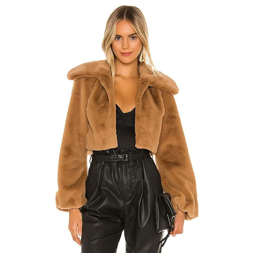 Camila Coelho Cleobella Cropped Faux Fur Jacket in Light Walnut