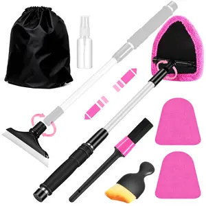【mothersdaygift】Windshield Cleaner Tool, Car Interior Cleaning Kit with Extendable Handle and 3 Reusable Microfiber Pads, Auto Glass Wiper and Detailing Brush Kit for Car & Home Window, Pink