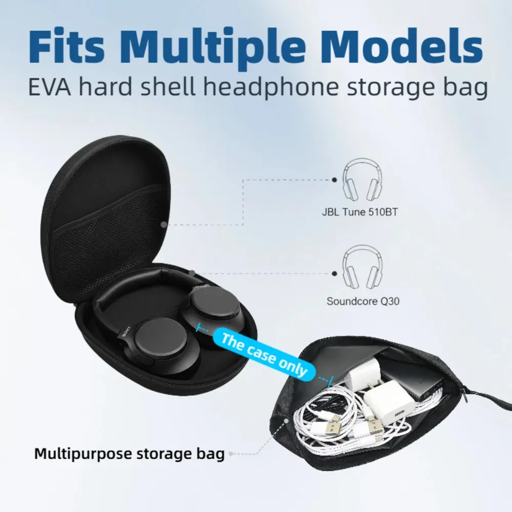 EVA Hard Shell Set, Audio, EVA hard shell over-ear headphone carrying case + multi-purpose storage bag, pressure-resistant, shockproof, travel-friendly. Suitable for Sony MDR-ZX WH-CH, JBL Tune 510BT 720BT, Socore Q20/Q30 B, ERIBES KVIDIO TOZO