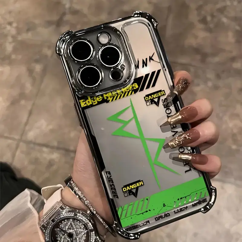 Cyberpunk Framed Pattern Phone Case, Electroplated Shockproof Transparent Soft Cover for Multi-Model iPhone (16,15,14,13,12,11 Pro Max,X,XR,XS Max,8,7 Plus Series)