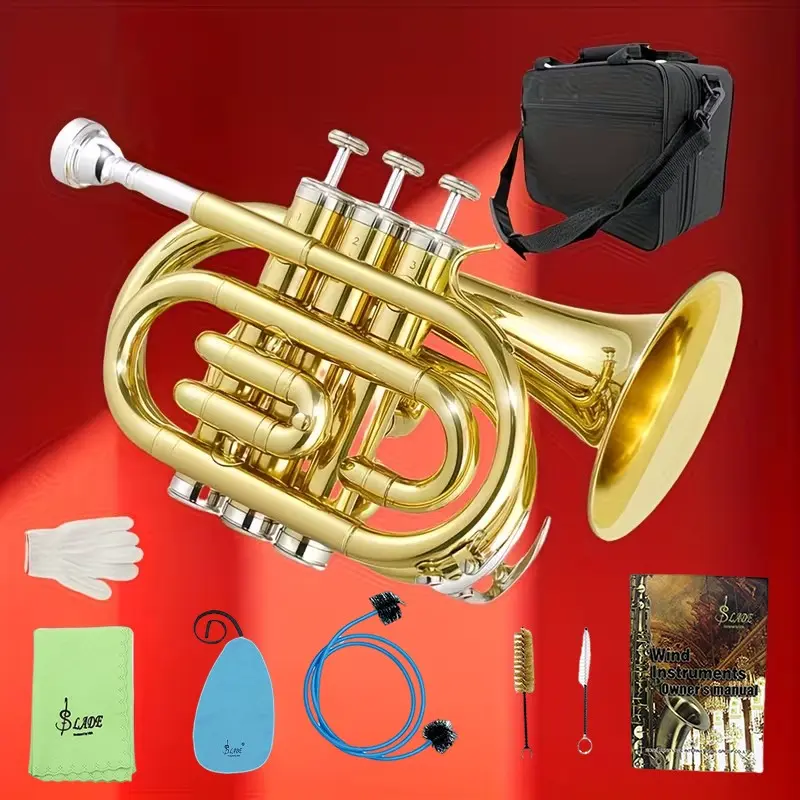 Pocket Bb Trumpet Brass, Musical Instruments, Exquisitely Crafted Durable Compact and Portable, Ideal for Beginners and Professionals, Golden Lacquered End with Included  accessories