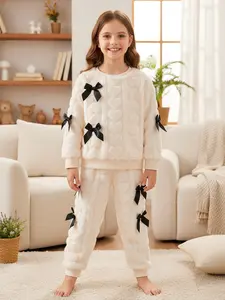Aesthetic Soft Girl Style New Arrival Luxurious Cuddle-Worthy Sweetheart Kids' Fuzzy Loungewear PJs Cream Color Embossed Heart Pattern Black Bows Long Sleeve Top & Pants Comfy Home Outfit Toddler Girl Sleepwear Autumn Winter Essential