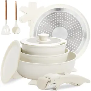 10-Piece Cookware Set Non-Stick Pans with Detachable Handles Ceramic Cookware Set Stackable Suitable for Induction Cookers Kitchen Cookware Set Suitable for RVs Dishwasher and Oven Safe Cream White