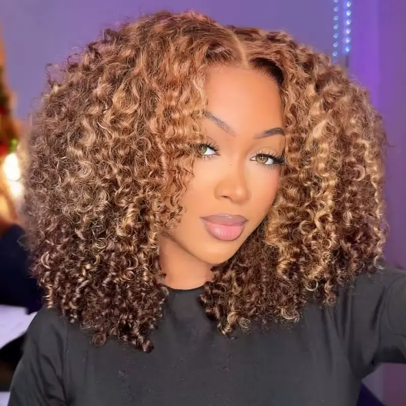 4C Edges Honey Blonde Highlights Kinky Curly Bob Wig For Black Women Glueless 7x5 Lace Closure Human Hair Pre-blached Pre-cut Lace Ready To Wear Wig Lace Frontal Wigs