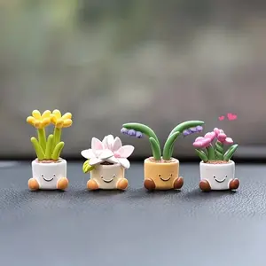 4Pcs Cute Smiley Face Potted Plant Resin Figurines, Kawaii Mini Flower Pot Car Dashboard Decor, Adorable Cartoon Succulent Ornaments, Vehicle Interior Desk Home Decor Accessories, Car Interior Decoration for Women