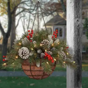 Pre-Lit Artificial Christmas Hanging Basket Outdoor Decoration with Pine Cones & Red Berry Clusters, Battery Powered with Timer Lighted Branches Faux Plants for outside Porch Front Door