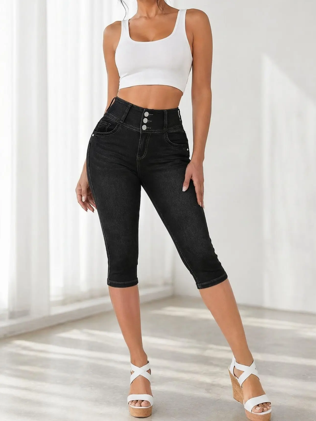 Women's High-Waisted Comfortable Basic Black Denim Crop Capri Jeans - Button Waist, Slim Fit, Smooth Fabric Bottoms with Pocket for Casual Outfits