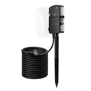VEVOR Outdoor Power Stake,  25FT Extension Cord, Outdoor Power Strip Weatherproof with Cover, Remote Control Dusk to Dawn Light Timer Waterproof, 6 Outlets, 1875W/15A, for Christmas Lights, Garden