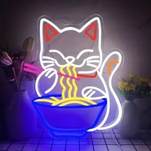 Neon Ramen Cat Lamp for Home Decor, Lucky Cat Light for Kitchen and Office, Restaurant Game room, Dimmable Wall Hanging Gift for Boys and Girls, Neon Accent Lights, USB Powered
