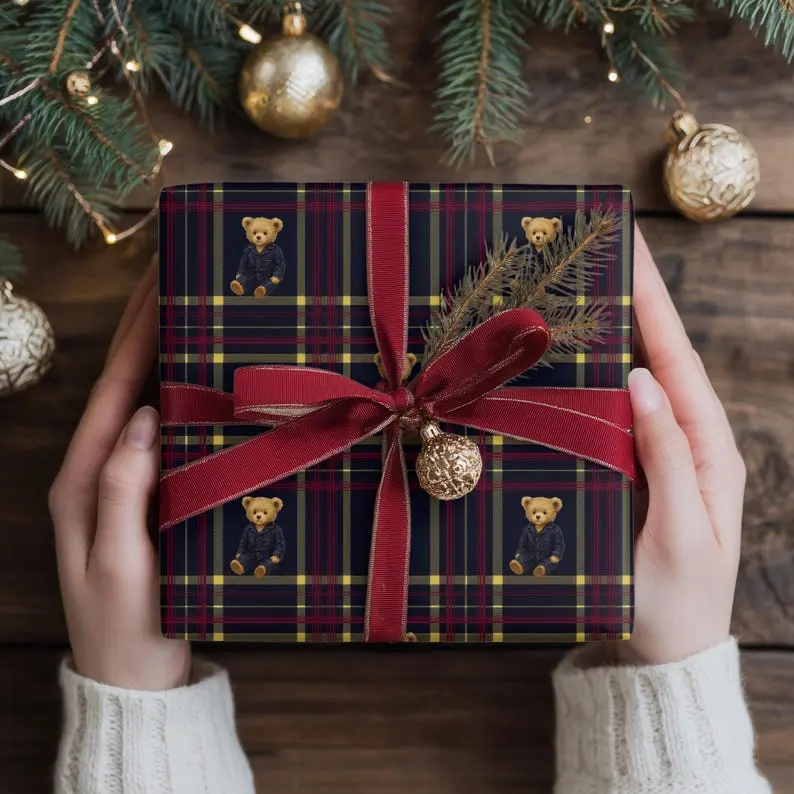 Christmas Wrapping Paper Roll, Dark Tartan Teddy Bear Gift Wrap, Heritage Holiday Plaid, Premium Matte or Satin Paper