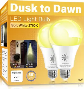 Dusk to Dawn Light Bulbs Outdoor, 2700K Warm White, 720LM, 9W(60W Equivalent) A19 E26 Automatic On/Off LED Sensor Light Bulbs, Dusk to Dawn Outdoor Lighting for Porch Garage Patio