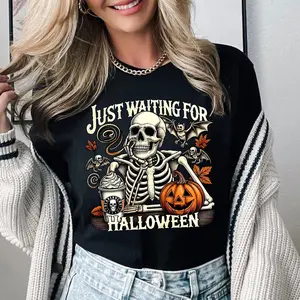 Just Waiting for Halloween Sweatshirt, Halloween Tee, Funny Halloween Shirt, Skeleton Halloween, Skeleton Dancing Shirt, Tis The Season Tee