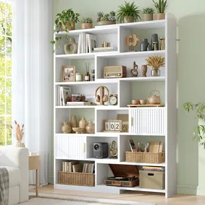 Raybee 75“ Tall 7-Tier Bookshelf, 38” 4-Tier Corner Bookcase with 2 Fluted-Door Cabinets, Modern Shape-Adjustable Wooden Book Shelves for Home Office, Living Room, Kitchen,White