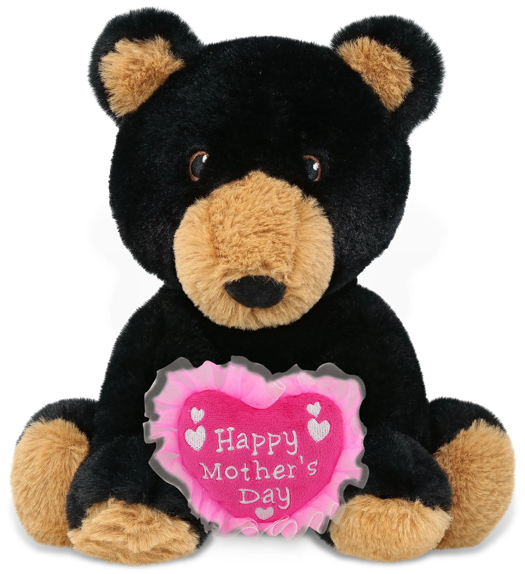 DOLLIBU 9" Black Bear Plush Stuffed Toy, Eco-Friendly Super-Soft Polyester Toy with Embroidered Heart for Mother's Day