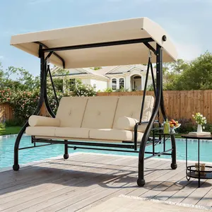 Outdoor Porch Swing with Adjustable Canopy, 3-Seat Patio Swing Chair with Stand, 800LBS Heavy Duty Swing with Cup Holder Tray, Cushion & Pillows for Garden, Backyard