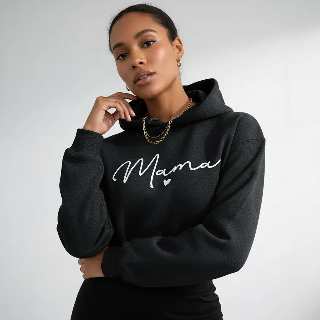 Women's MAMA Graphic Hoodie, Soft Cotton Blend Pullover Sweatshirt with Long Sleeves, Casual Street Style for Everyday Comfort, Graphic Hoodies, Fitted, Cotton-Poly, Graphic Print