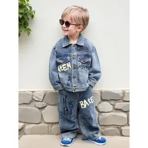 New(New)Boys' Spring/Autumn Loose-Fit Casual Printed Denim Jacket and Jeans 2pcs Set, Suitable for Daily, Back-to-School, Casual, and Outdoor Wear, Perfect for Outdoor