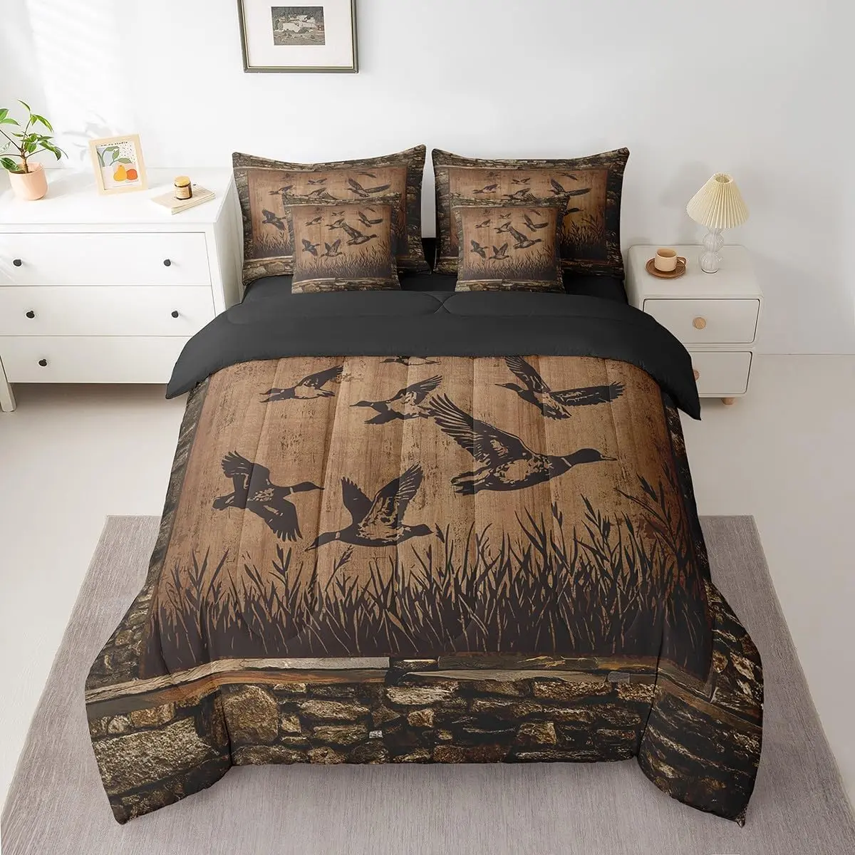 Feelyou 7-Piece Duck Motif Bedroom Bedding Set - Queen Hunting Fishing Themed Comforter, Decorative Bedsheet Set, Multi-Size Cabin Farmhouse Bed-in-A-Bag with Vintage Stones, Decorative Bedsheet Sets